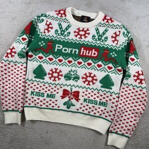 Pornhub Christmas Sweater Mens Small White Mistletoe Kiss Me Crewneck Pullover